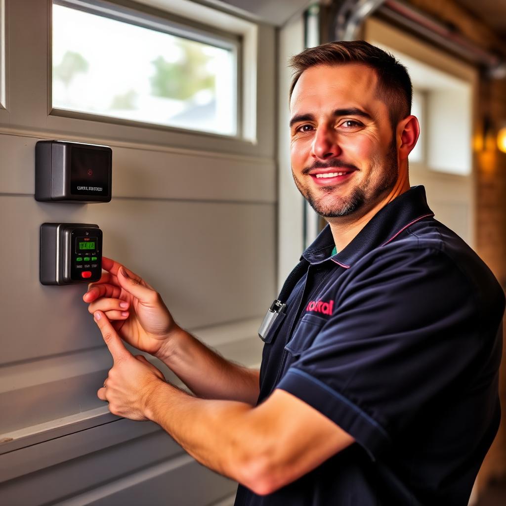 Professional garage door technician programming remote and keypad